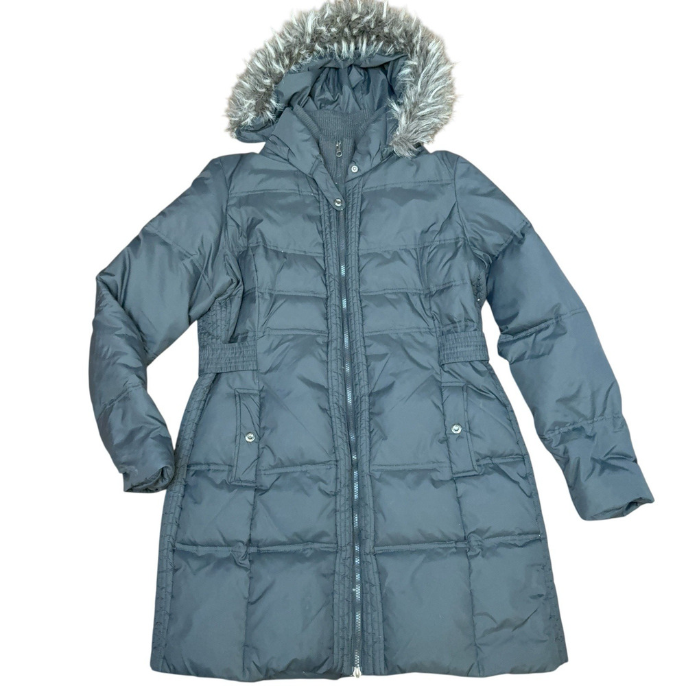 Larry Levine Goose Down Puffer Coat Womens Size 0X Plus Black Hood Faux Fur